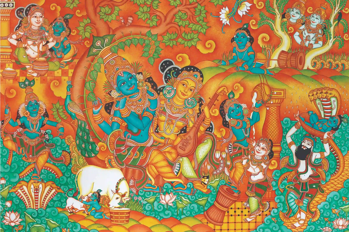 Krishna Leela Divine Stories Kerala Mural Artwork